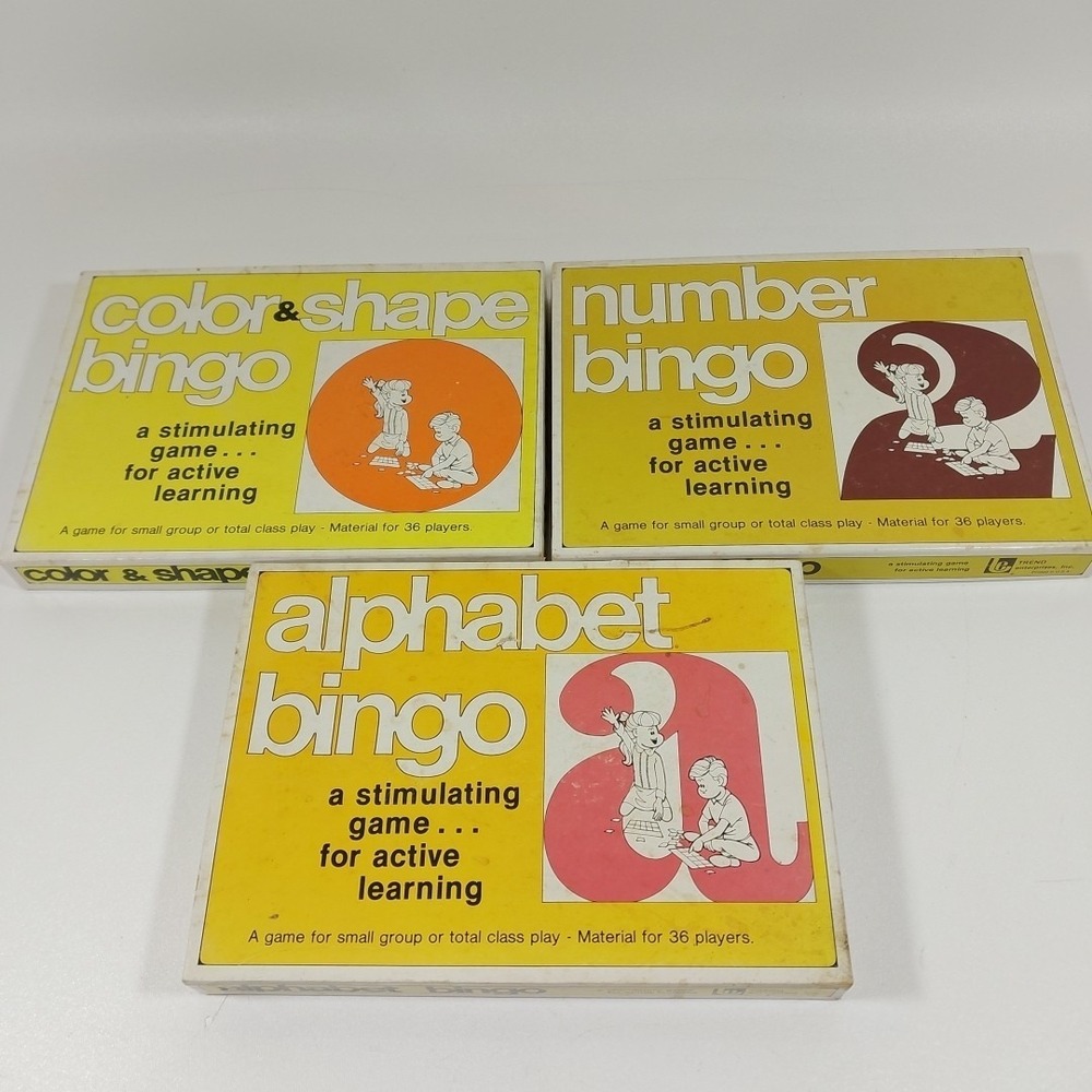 Vintage 70s Trend's Alphabet Bingo, Number Bingo And Color‎ Shape Bingo Complete